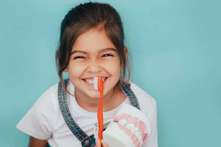 A child smiling with a toothbrush and dental model